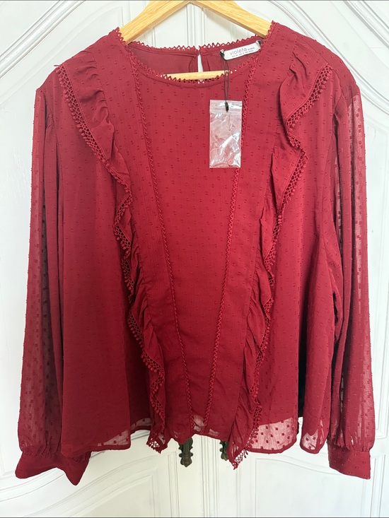 Tops - NWT Violeta Burgundy Swiss Dot Ruffle Blouse‎ Boho Coquette Cottagcore Size 2X